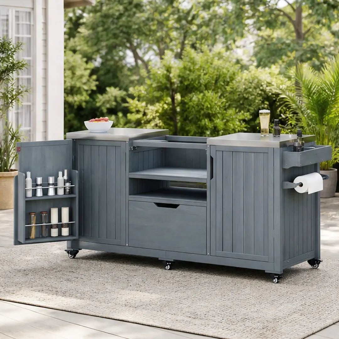ARCH 66.5" Outdoor Kitchen Island Grill Cart, Portable Kitchen Island with Solid Fir Wood Frame, Stainless Steel Top, Drawer, Cabinets, Spice Rack, Paper Towel Holder, Bottle Opener, 6 Wheels, for Big Green Egg, Kamado Joe, Grey Blue, Storage, Accessories