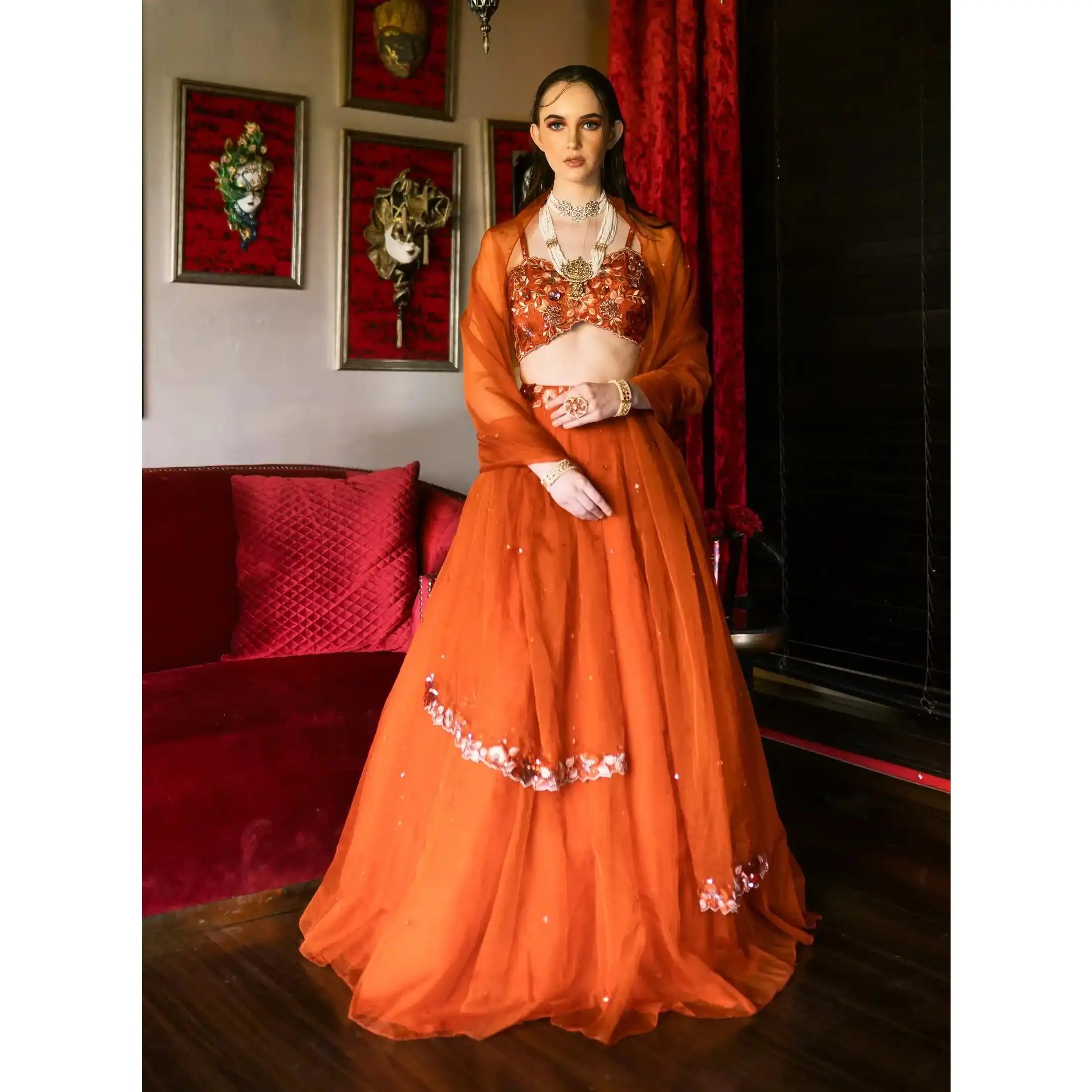 Orange organza floral belt lehenga set