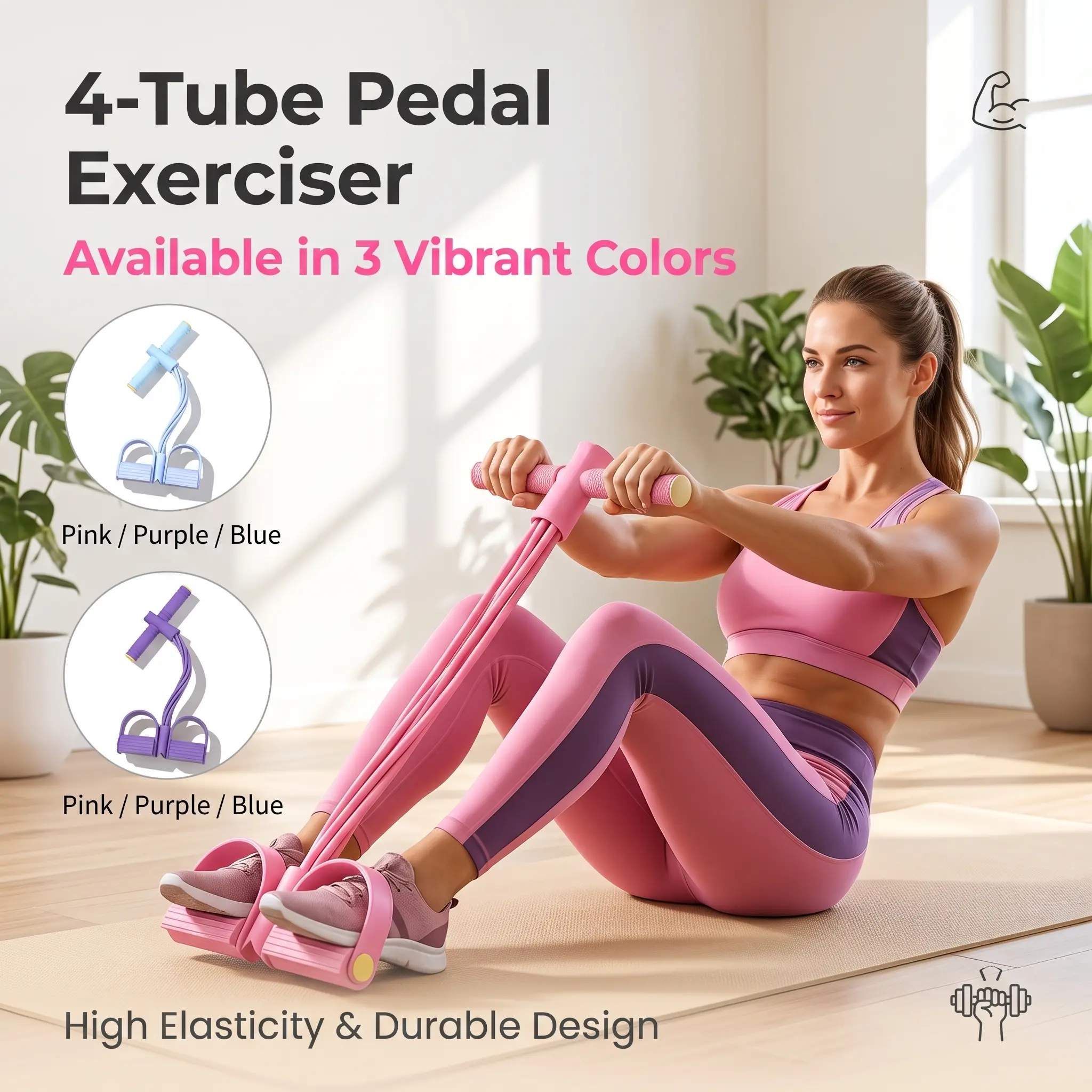 4-Tube Foot Pedal Resistance Band, Compact Workout Equipment, Home Workout Exercise Equipment for At-Home Gym Full Body Training (Tummy, Waist, Arm, Leg)