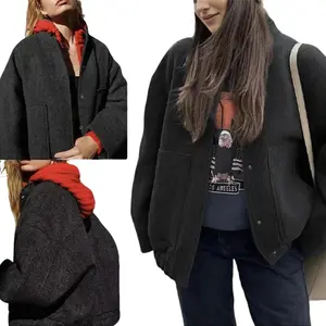 TAQCUX Women's Short Oversized Coat Long Sleeve Snap Button Elastic Hem Casual Bomber Jacket with Pockets Outerwear Basic Minimalist Fall Winter Tops