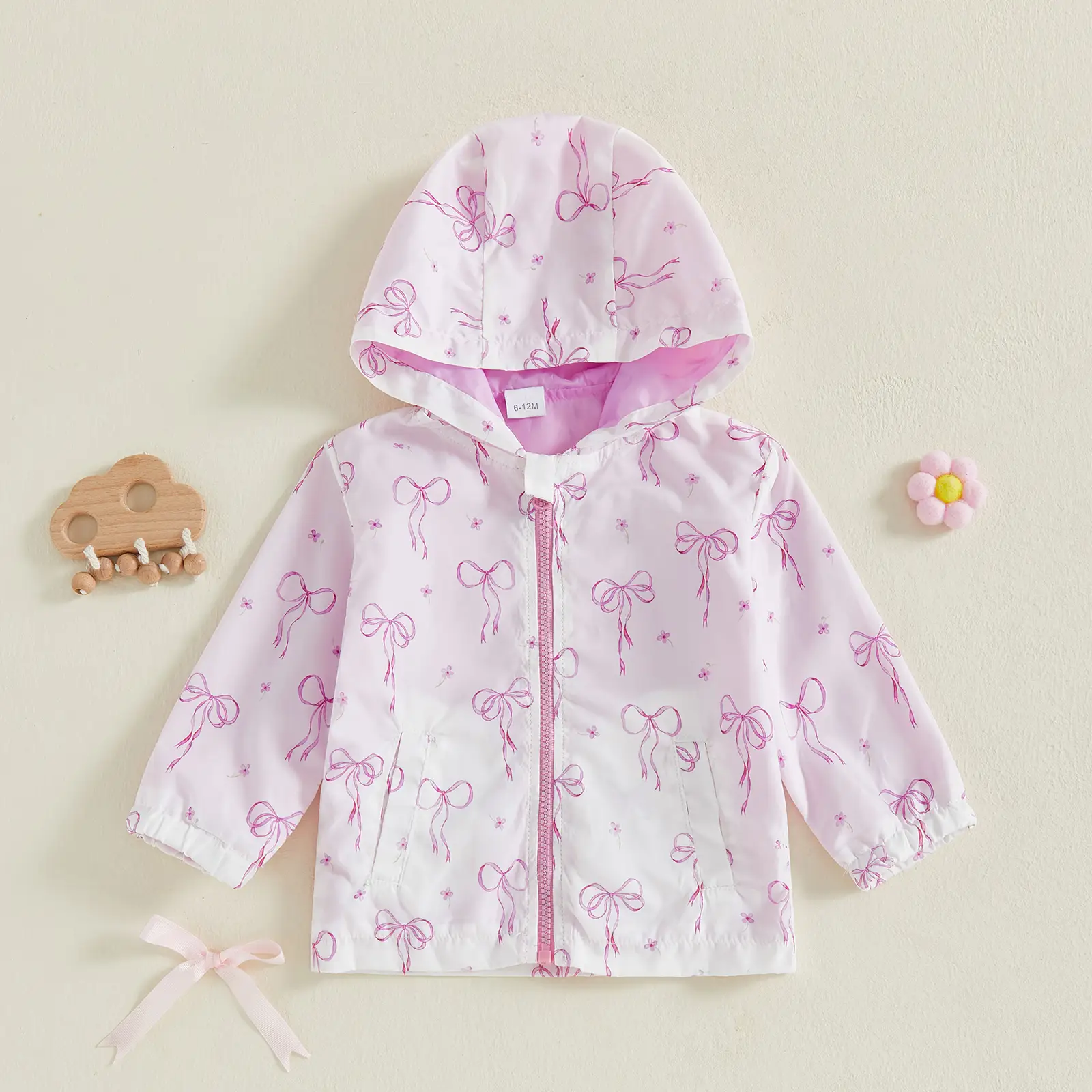 Toddler Baby Girls Jacket Bowknot Print Zipper-Up Hooded Long Sleeve Coat Fall Kids Clothes Outerwear 6M-4T