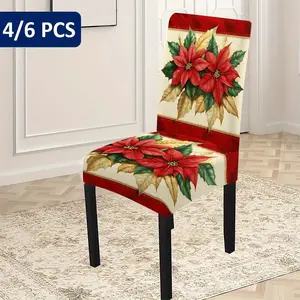 4pcs/6pcs Winter Christmas Poinsettia Pattern Chair Covers All-Season Printed Slip-Resistant Elastic Kitchen Dining Chair Covers for Home Restaurant and Banquet Use Washable Table & Chair Covers Suitable for Living Room