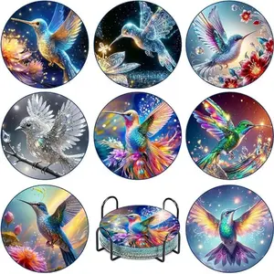 8-Piece Diamond Art Coaster Set with Stand, DIY Bird Pattern Diamond Art Coasters, Suitable for Adults and Beginners, Perfect Gift, Diamond Painting Kits