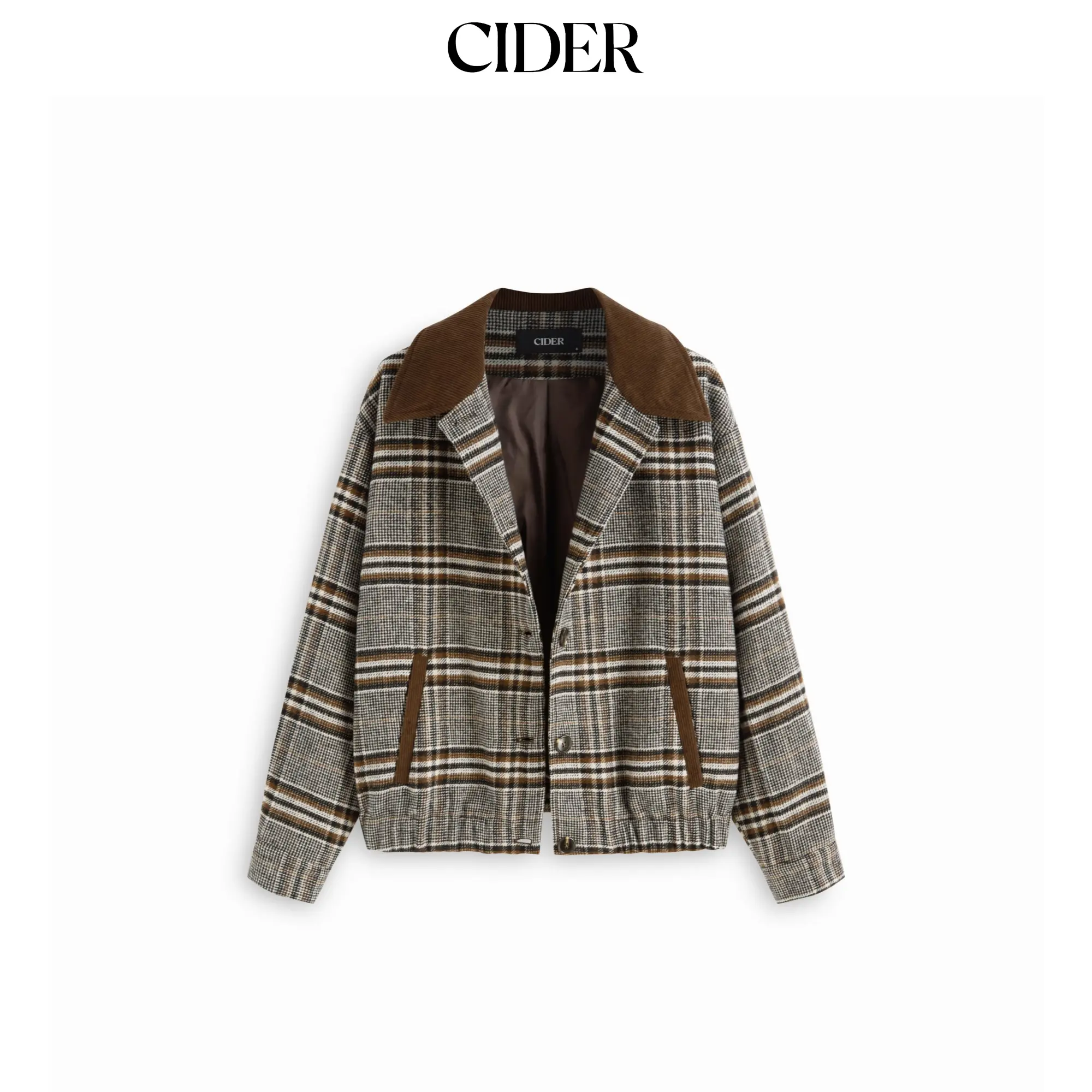 Cider Wool-look Plaid Collar Long Sleeve Colorblock Button Oversized Shacket