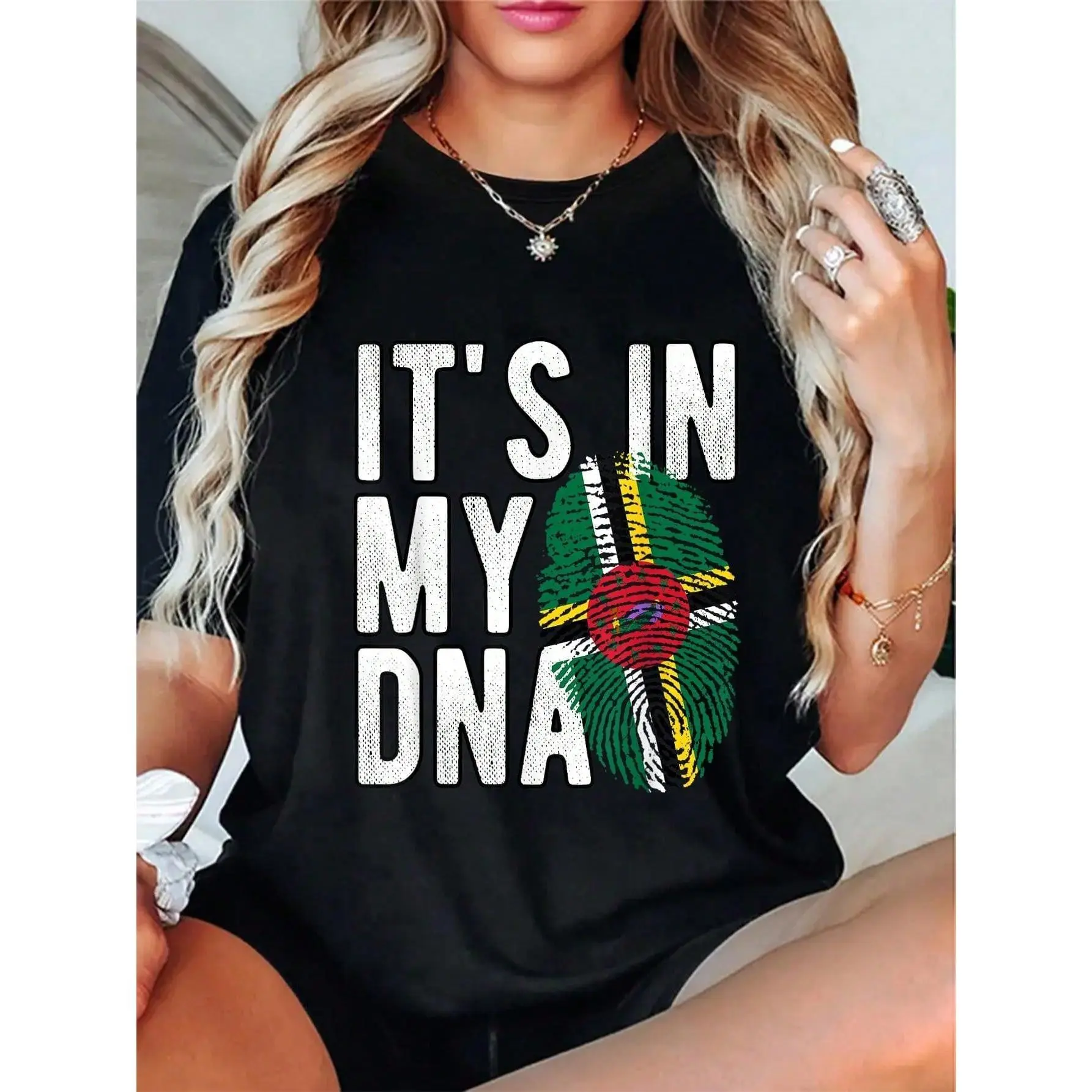Women's 100% Cotton Short-Sleeve Graphic Tee - Funny "It's In My DNA Dominica Flag Fingerprint" Print, Flower-Accent Crop Top, Crew Neck, Knitted Breathable Fabric, Plant Print, for Summer & All Seasons Outfits