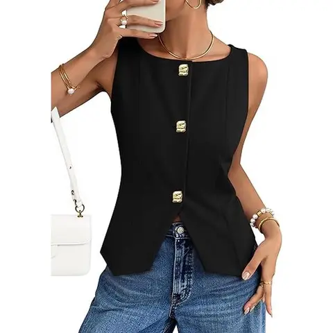 ZESICA Women's 2026 Boat Neck Sleeveless Open Button-Front Formal Vest - Adjustable Tie, No Pocket, Office Chic Workwear Modern Waistcoat Top