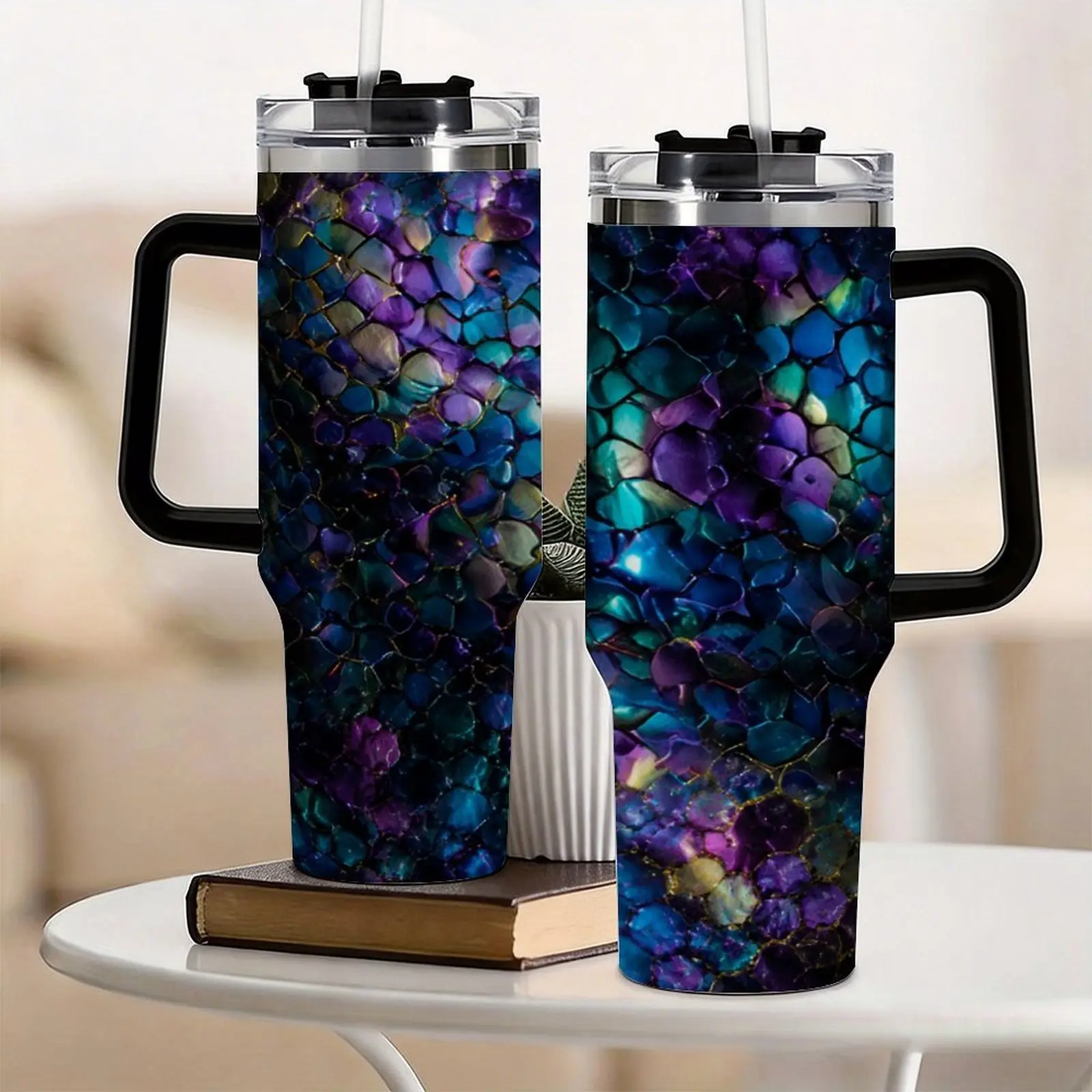40oz Aesthetic Tumblr Aesthetic Portable Double-Walled Stainless Steel Vacuum Flask Tumbler, Iridescent Purple-Teal Dragon Scale, Gold Trim, Leakproof Lid & Straw, 24H Cold/12H Hot, Car/Gym Coldbrew Cup, Holiday Gift for Women