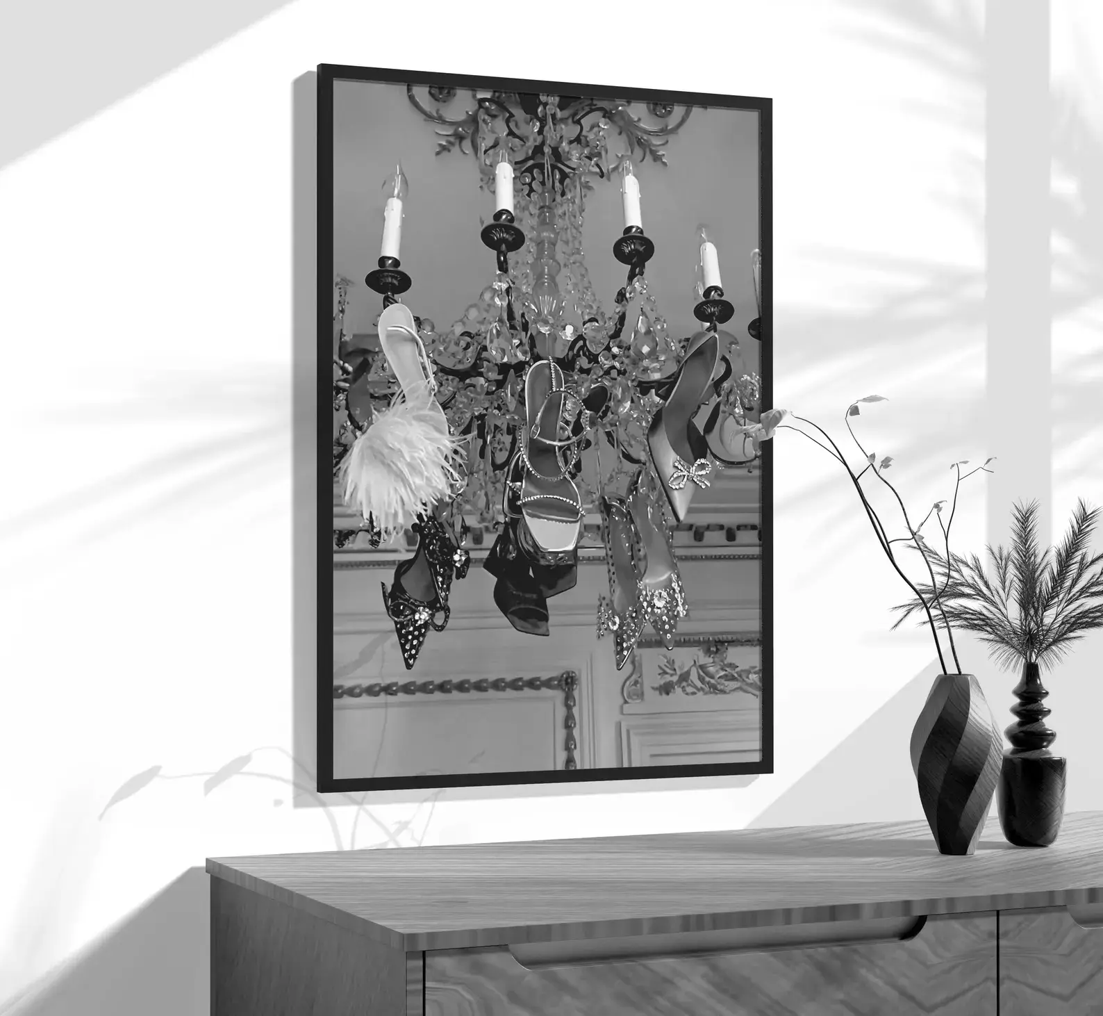 High Heels on Chandelier Print, Black and White, Printable Hypebeast Wall Art, Luxury Fashion Poster, Teen Girl Room Decor Poster (UNFRAMED)
