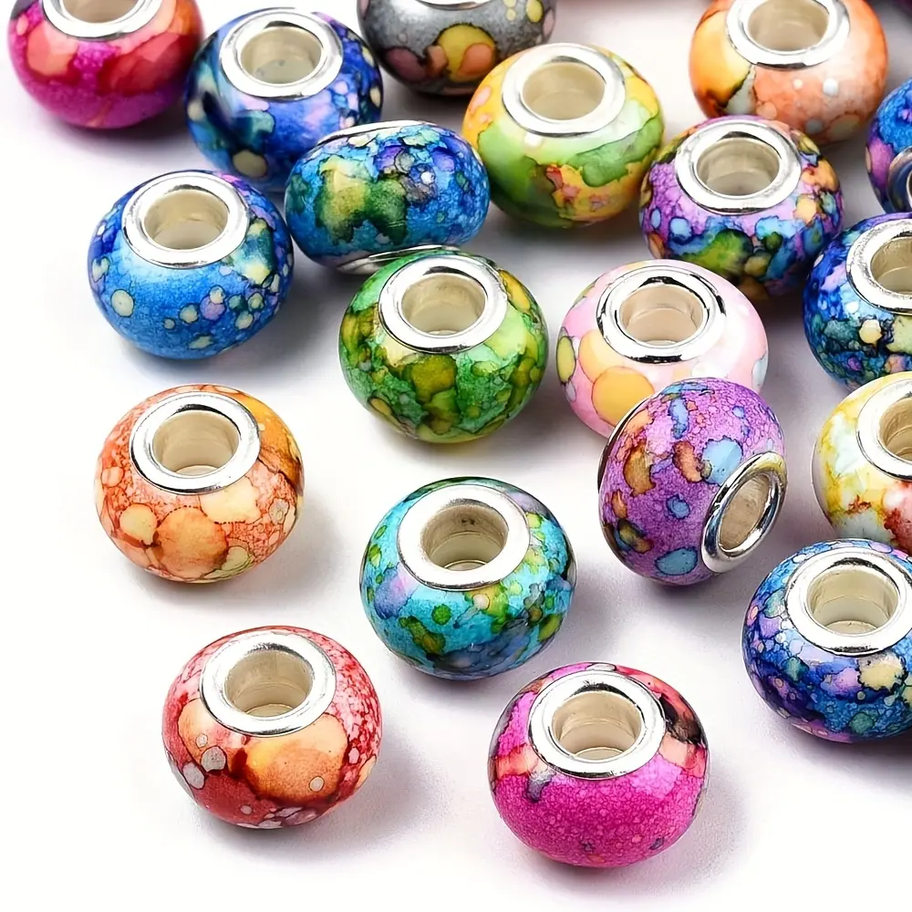 100pcs Watercolor Mix Resin Rondelle Beads - Large Holes, Silvery Brass Cores, European Style Charms, Resin Material for DIY Jewelry Making, Bracelet, Charms Making