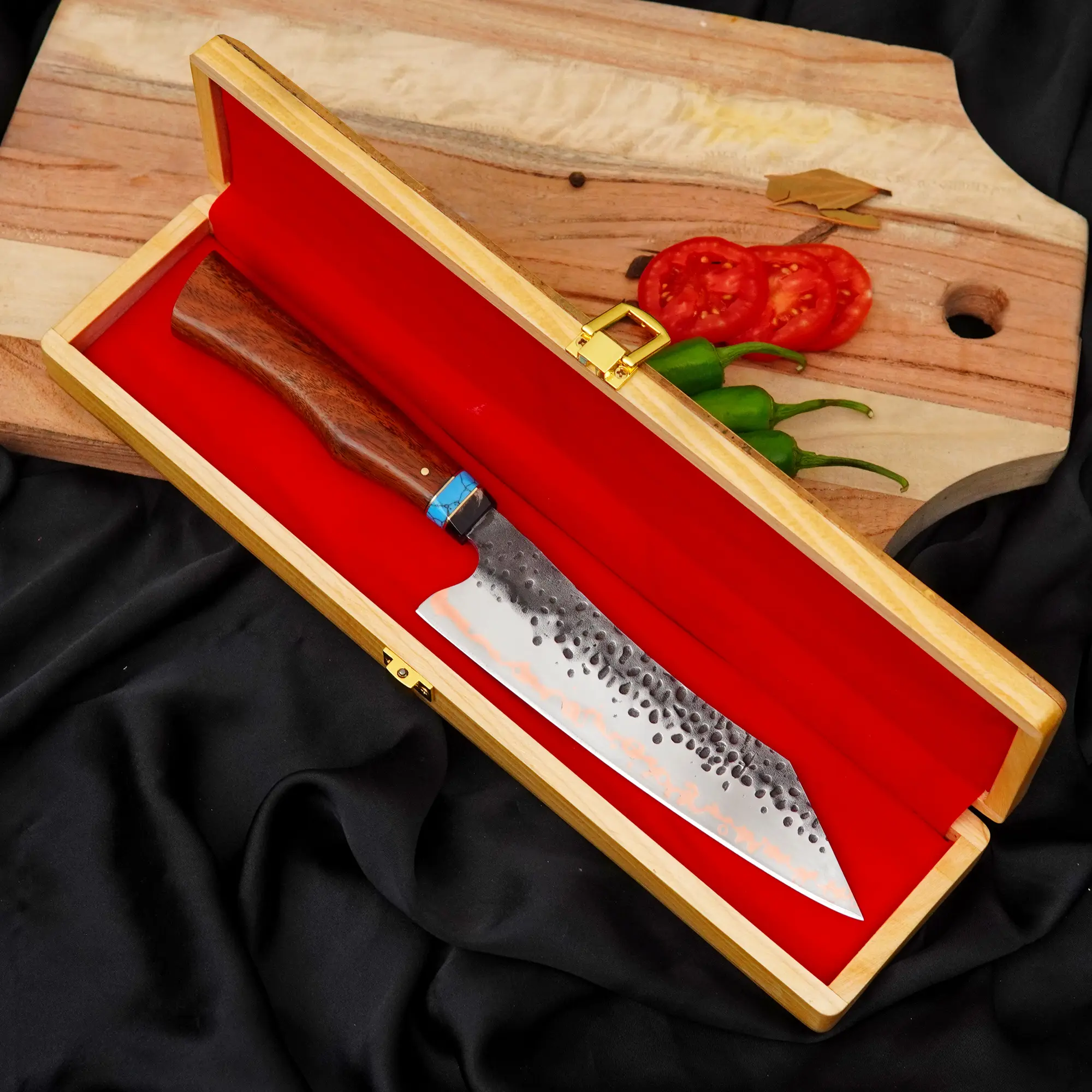 handmade chef knife damascus Copper Inlay