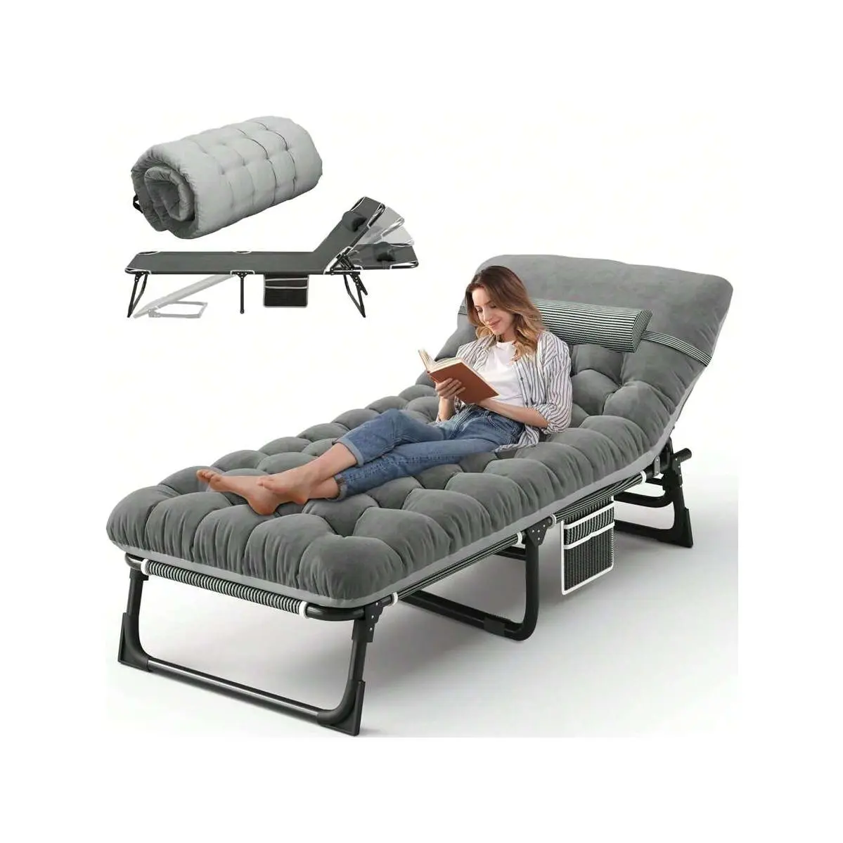 Camping Cot With Mattress, 4-Position Folding Camping Bed Hold Up 330lbs, Portable Sleeping Cot For Camp, Beach, Patio, Sun Tanning, Poolside