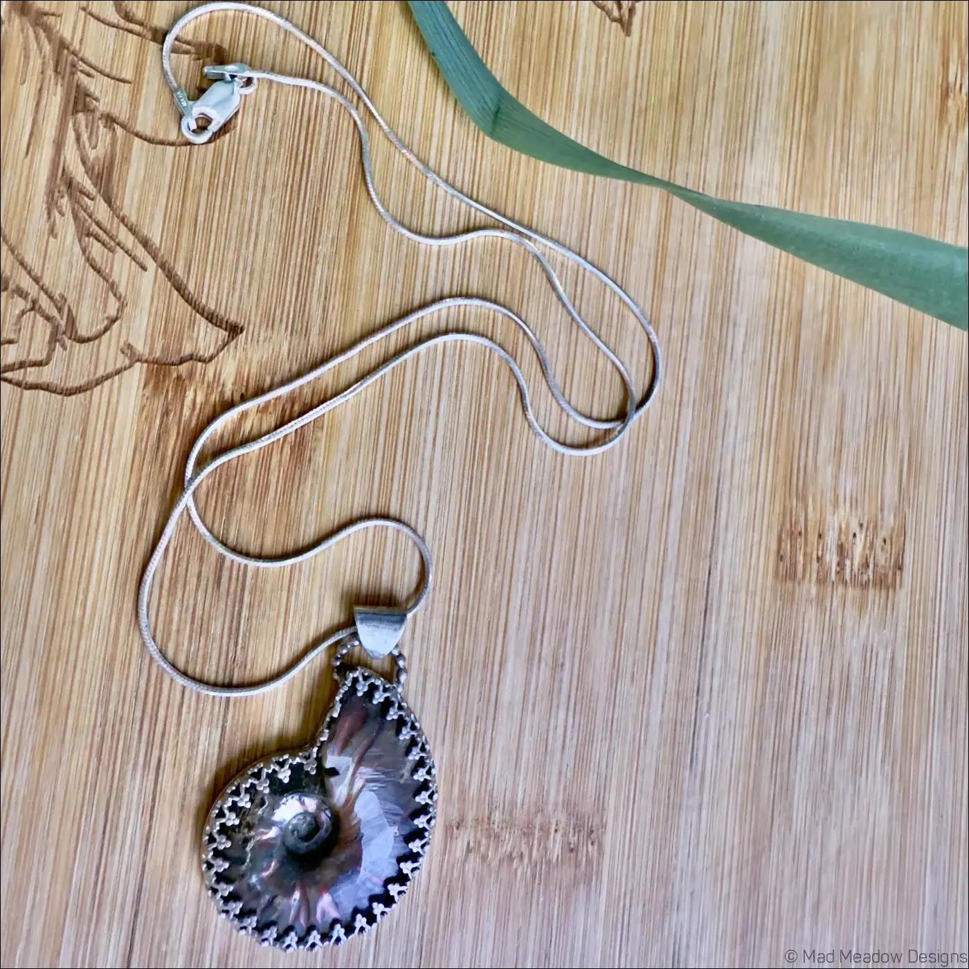 Elegant Reversible Ammonite Sterling Silver Necklace, Mad Meadow Designs Pendant with Flat Side for Exploring Subconscious & Overcoming Challenges