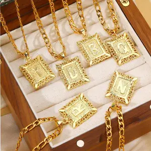 14K Gold-Plated Stainless Steel, Square Letter Pendant Necklace, Unisex, with Figaro Chain crochet