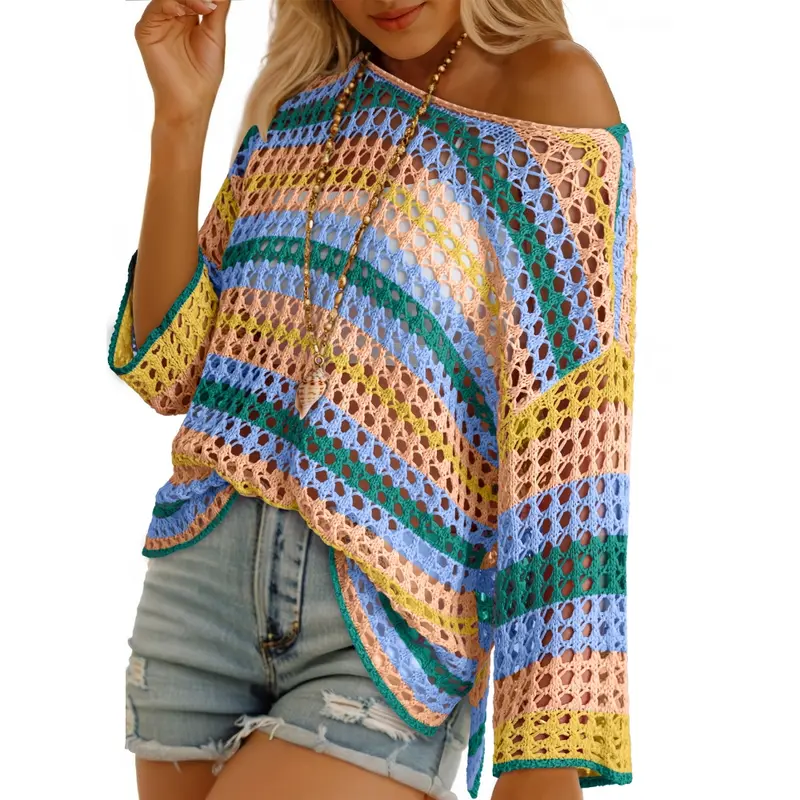 Dokotoo Womens Spring Summer 3/4 Sleeve Crochet Sweater Hollow Out Color Block Striped Tops Casual Beach Vacation Cover Ups Hi-low Tops with Side Slit