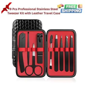 9-Piece Stainless Steel Professional Tweezers Set for Ingrown Hair –Eyebrow Tweezer Kit with Leather Case, Facial Hair & Splinter Removal Tool for Women & Men