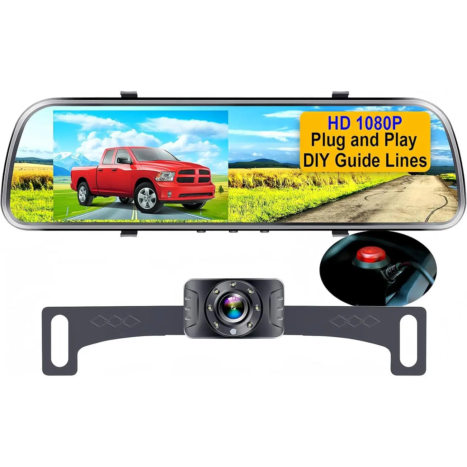 AMTIFO A1 Full HD 1080P Backup Camera Mirror - Plug-and-Play, Easy Setup, Color Night Vision, IP69 Waterproof License Plate Camera, Adjustable Grid Lines, Image Flip, for Cars/Trucks, Truck, Adjust Grid Lines