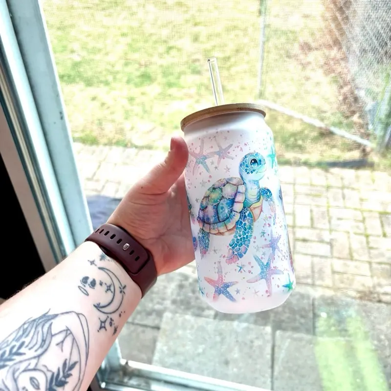Frosted Glass Bamboo Cup - Watercolor Turtles glasscan drinkware Aesthetic