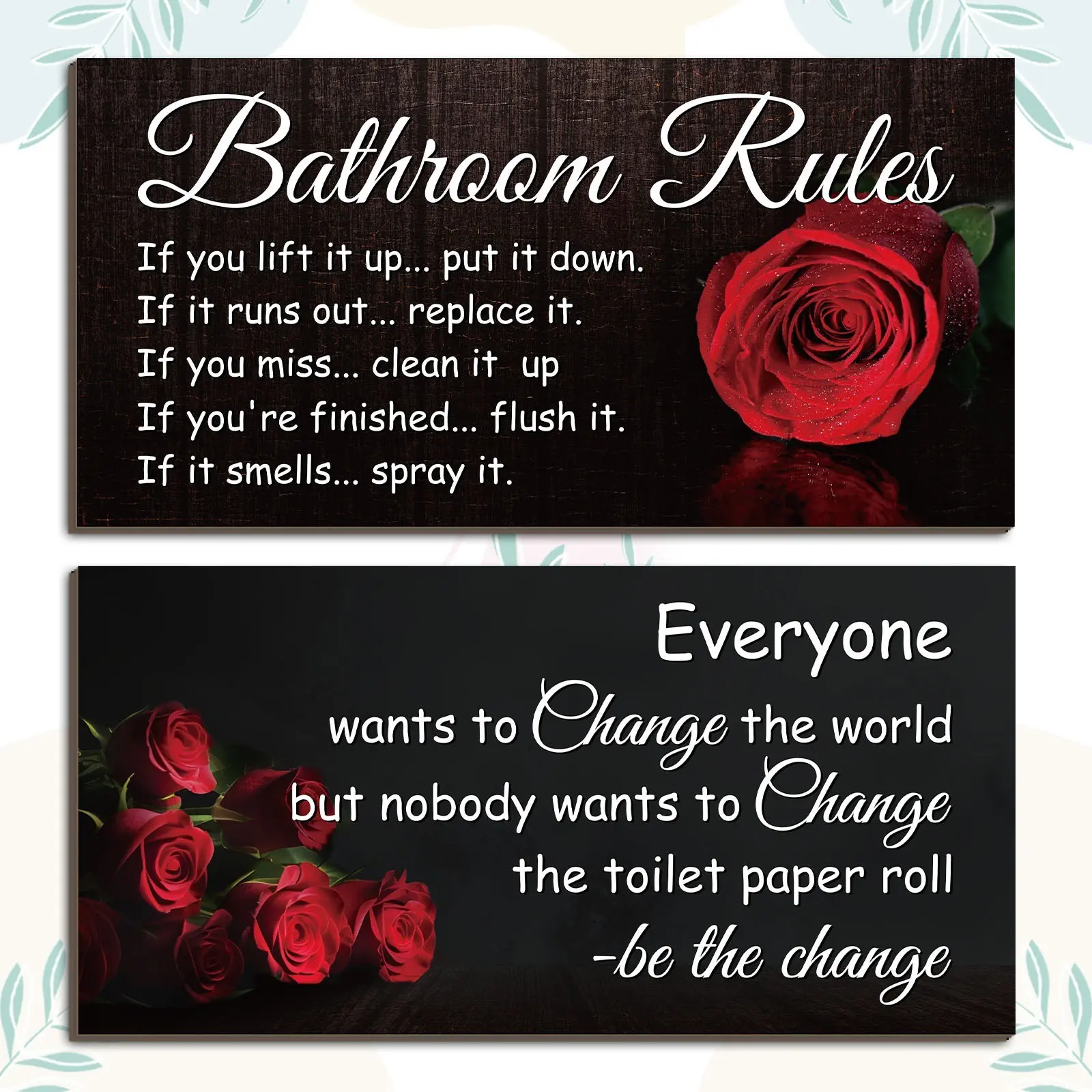 Wooden Bathroom Wall Decor Plaques with Rose Pattern, Vintage Country Style, Fun Wall Art Decoration, Set of 2, Bathroom Decorations
