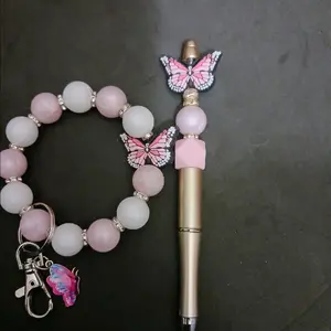 pink and black butterflies, wristlet Keychain and pen set