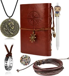 Uncharted 4  Set Drake Engraved Skull Bronze  Necklace Ring Necklace Handmade Leather Bracelet Leather Writing Journal Notebook with Pen Movie Stickers 30 count