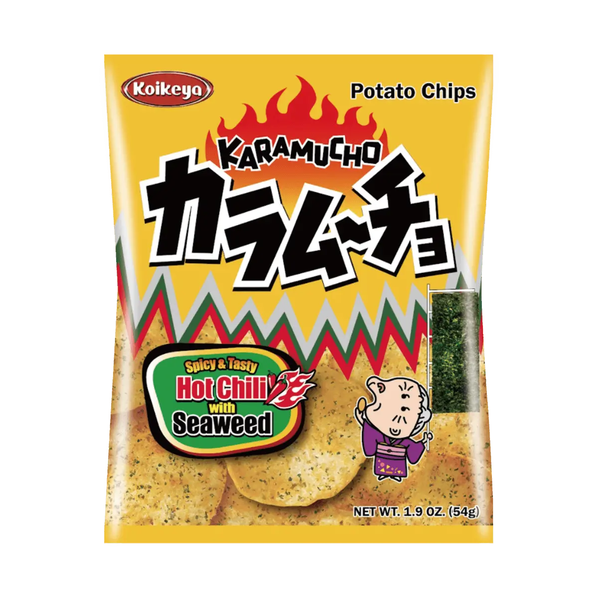 KOIKEYA Karamucho Potato Chips - Spicy Seaweed Flavor, Thin Sliced, 54g Snack Pack