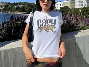 Easy Tiger Baby Tee, Retro Tiger Tee, 90s Style Shirt, Y2K Fashion Tee, Animal Graphic Shirt, Women Graphic Tee, Aesthetic Girl Top, Fitted Baby Tee, Casual Fit Shirt