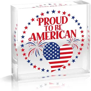 4th of July Decorations, 4 x 4 Inch Patriotic Table Centerpieces Independence Day Desk Sign with American Flag Design, Acrylic Desk Decor July 4th Table Centerpiece for Home Office (Independence Day 01)