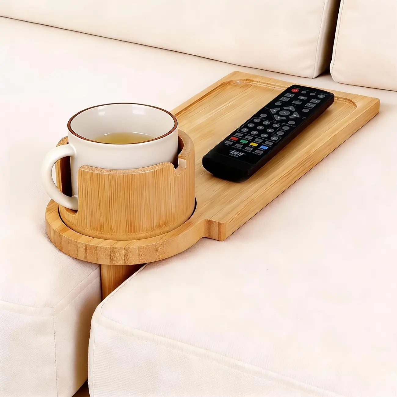3-in-1 Wooden Couch Armrest Tray Table, Non-Slip Clip-On Sofa Organizer with Cup Holder and Rotating Phone Stand for Snacks, Drinks, Remote Control, Recliner, Living Room and Gift