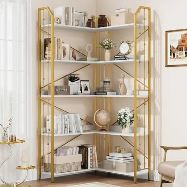 GARVEE Corner Bookshelf 72" L Shaped Bookcase, Corner Bookshelves Industrial Bookcase 5 Tier L-Shape Bookshelf, Large Bookcases with Beaded Design Tall Display Rack Shelf for Living Room Bedroom