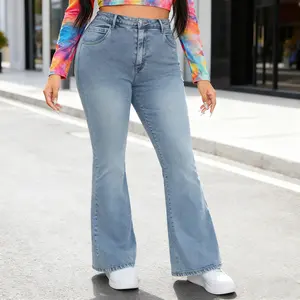 ODEFOU Plus Size Jeans for Women Fall Trendy Flared Bell Bottom Bootcut Tummy Control Stretchy Fabric 4 Pockets Casual Classic Style Womenswear