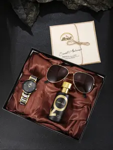 Men's Fashion Quartz Watch Set, Includes Perfume, Glasses, Greeting Card, Perfect Gift Bundle for Valentine's Day, Christmas, Father's Day