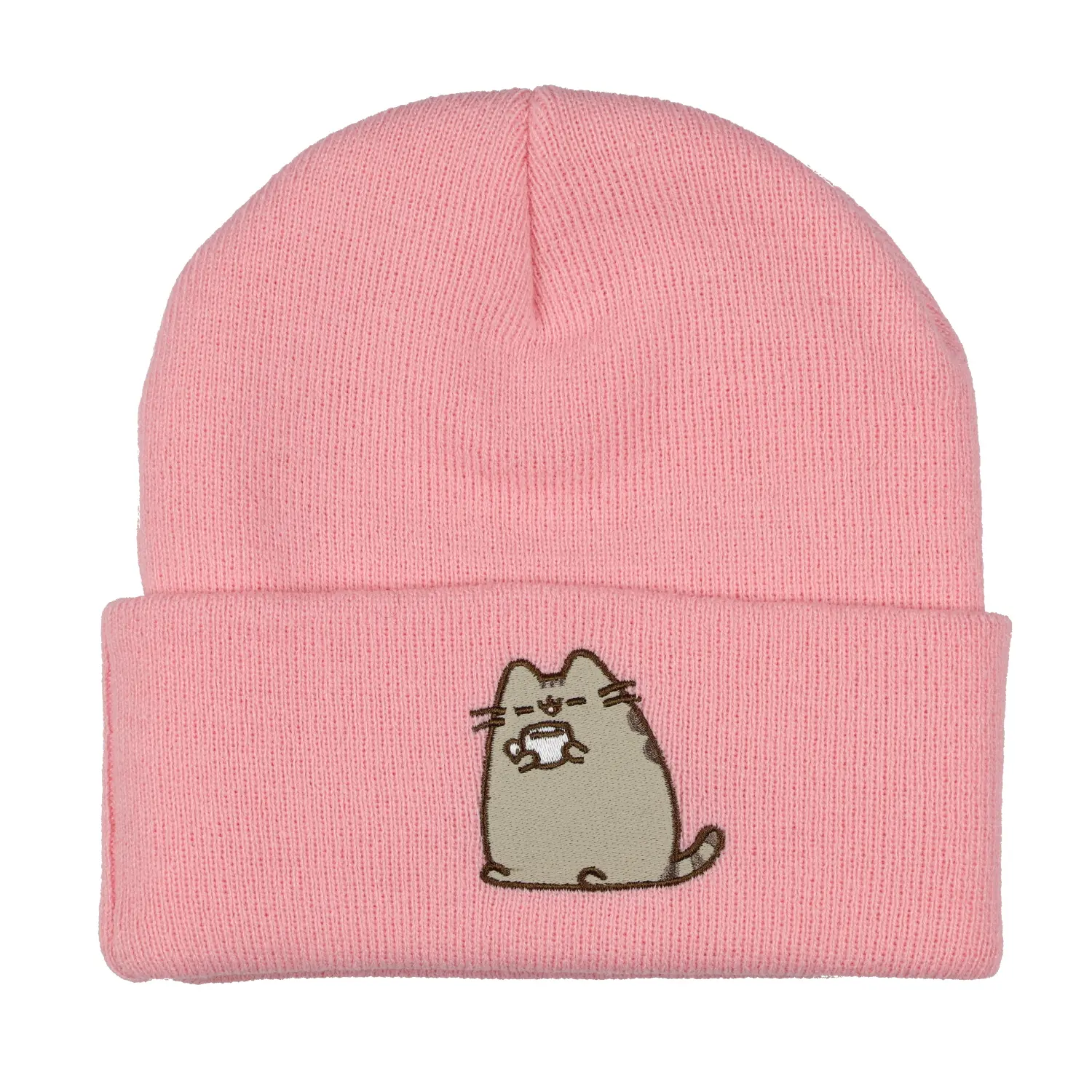 Women's Pusheen Knitted Hat - Embroidered Tabby Cat Patch, Fold Cuff, Skull Cap, OSFM Design, Knit Beanie, Casual Wear