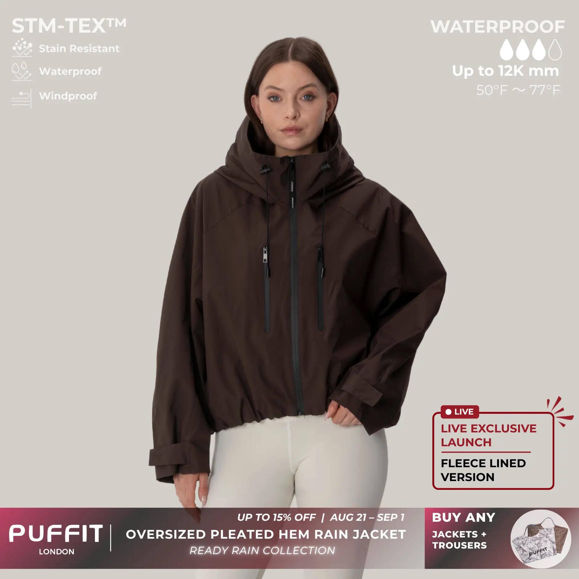 【Restocked】PUFFIT STM-TEX Short One-Size Rain Jacket With Pleated Hem,Hooded Jacket,Waterproof Jacket,Women Jacket,Wide-Brim Hood,Adjustable Cuffs,Zips,Outdoor Sport,Windbreaker,Fall,Winter,Dog Walking,School Running,Stylish,Womenswear,2026 Shopping