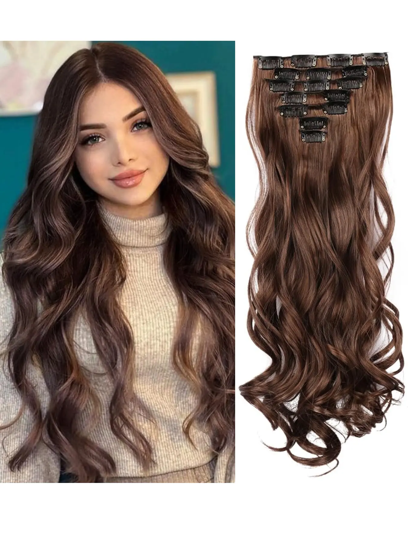 16 Card Seven-Piece Hair Clip Set, Long Curly Fiber Extensions, Large Wavy Curl False Hair Pieces, Hair Accessories for Women, Soft Wavy Curly, Synthetic Wavy Curly, Synthetic Soft Hairpieces