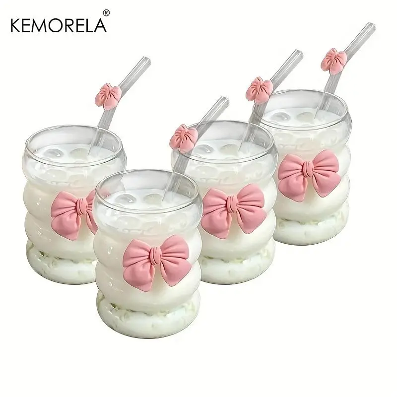 2/4pcs Bow Straw Glass Set, Stylish Drinkware, Glassware, Cute Bow Decorations, Perfect for Ice Coffee Cups, Juice Glasses, Ideal for Valentine's Day, Mother's Day, Women's Gifts