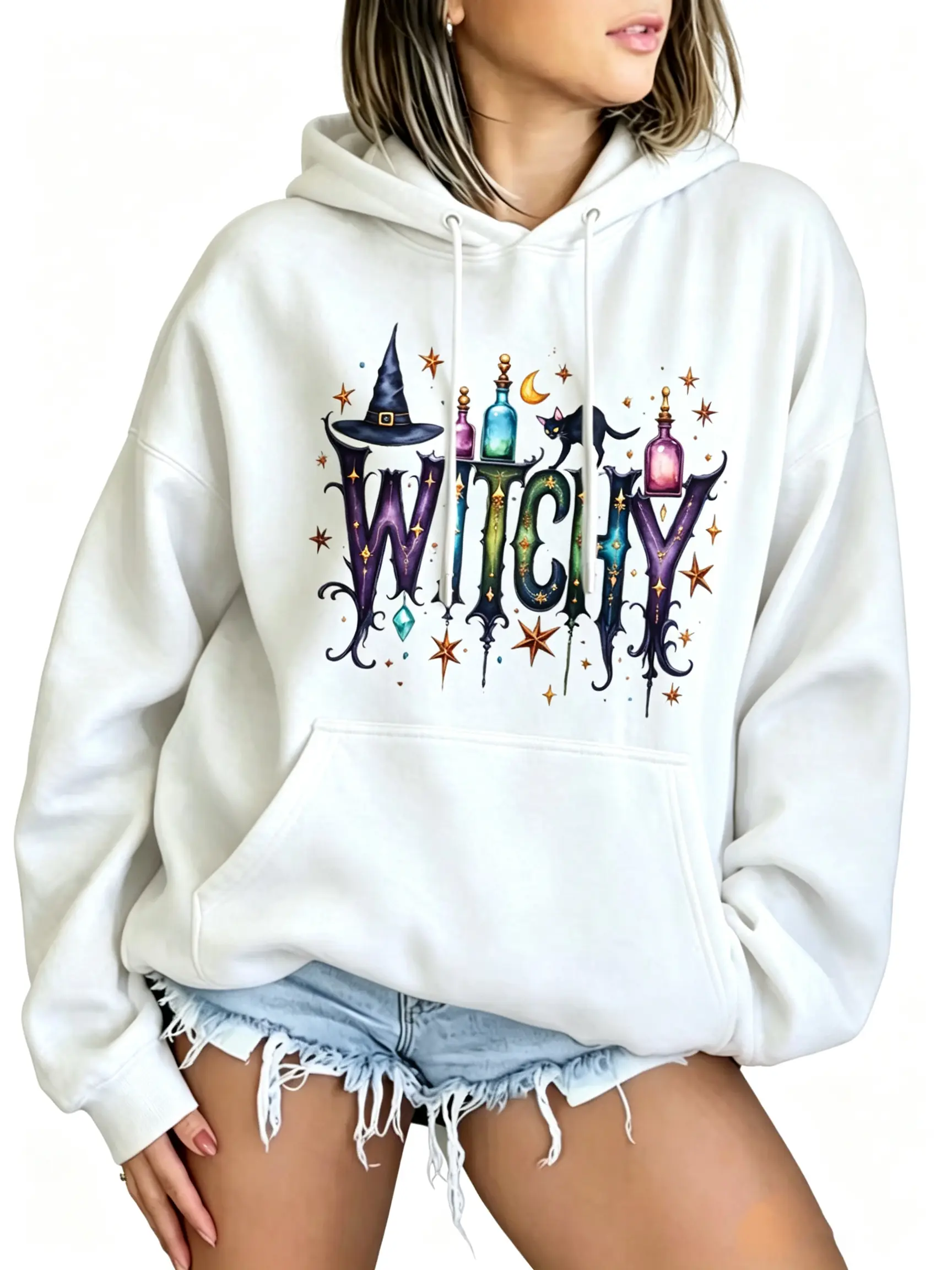 Women Oversized Witchy Hoodie, Colorful Witchy Letter Graphic Sweatshirt With Witch Hat Potion Bottle Black Cat Moon Stars, Spooky Season Halloween Pullover, Gothic Witch Casual Fall Fashion Outfit Top Womenswear Baggy Crewneck Long Sleeve Round Neck
