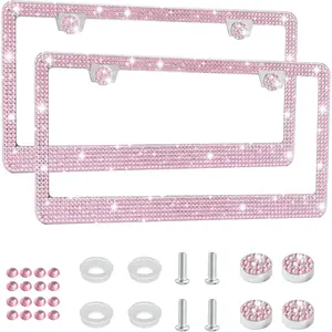 Bling License Plate Frame for Women, 2Pack Rhinestone Handcrafted Crystal Premium Stainless Steel, Stainless Steel Car Accessories with Diamond Sparkle Glitter Caps (Pink)