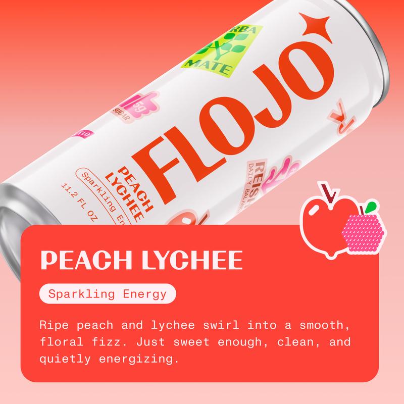 FLOJO Peach Lychee Sparkling Energy Drink - 8 Cans + Bonus 4 Cans (12 Total) - Smooth Clear Everyday Energy with Natural Yerba Mate & Functional Mushrooms