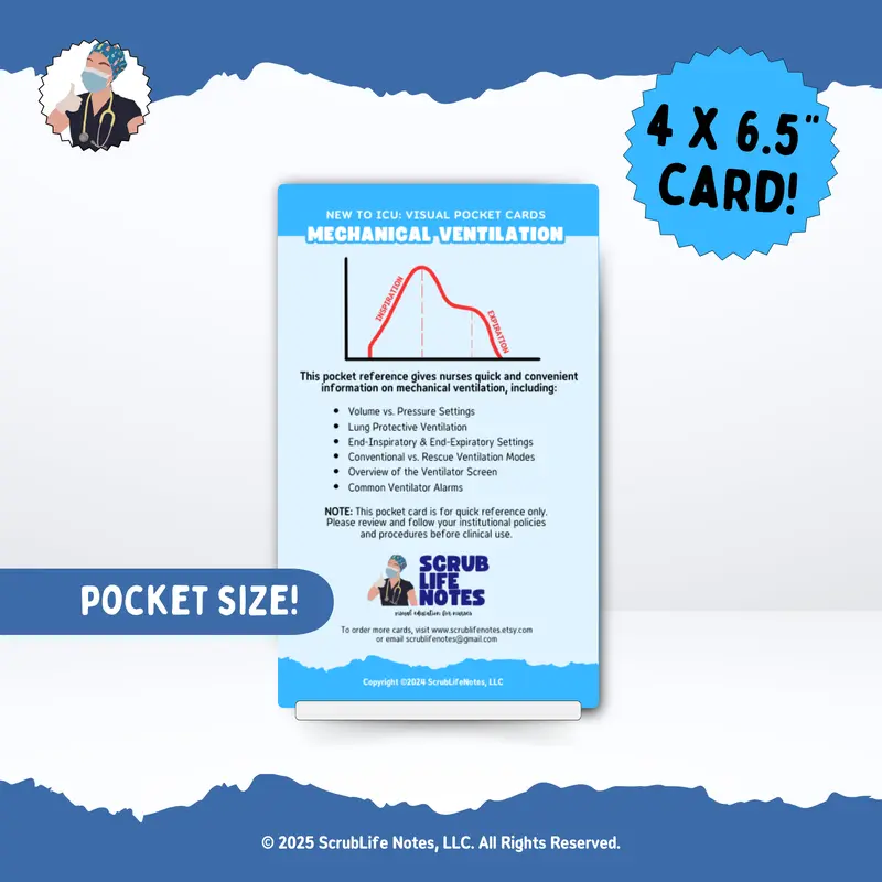 Durable English Mechanical Ventilation Pocket Card - Visual ICU Guide for Adults, ICU Nurses & Respiratory Therapists with Diagrams, Ventilator Screen Overview, Complex Ventilator Concepts, Volume vs Pressure, Rescue Mode Reference, Alarms Quick ID