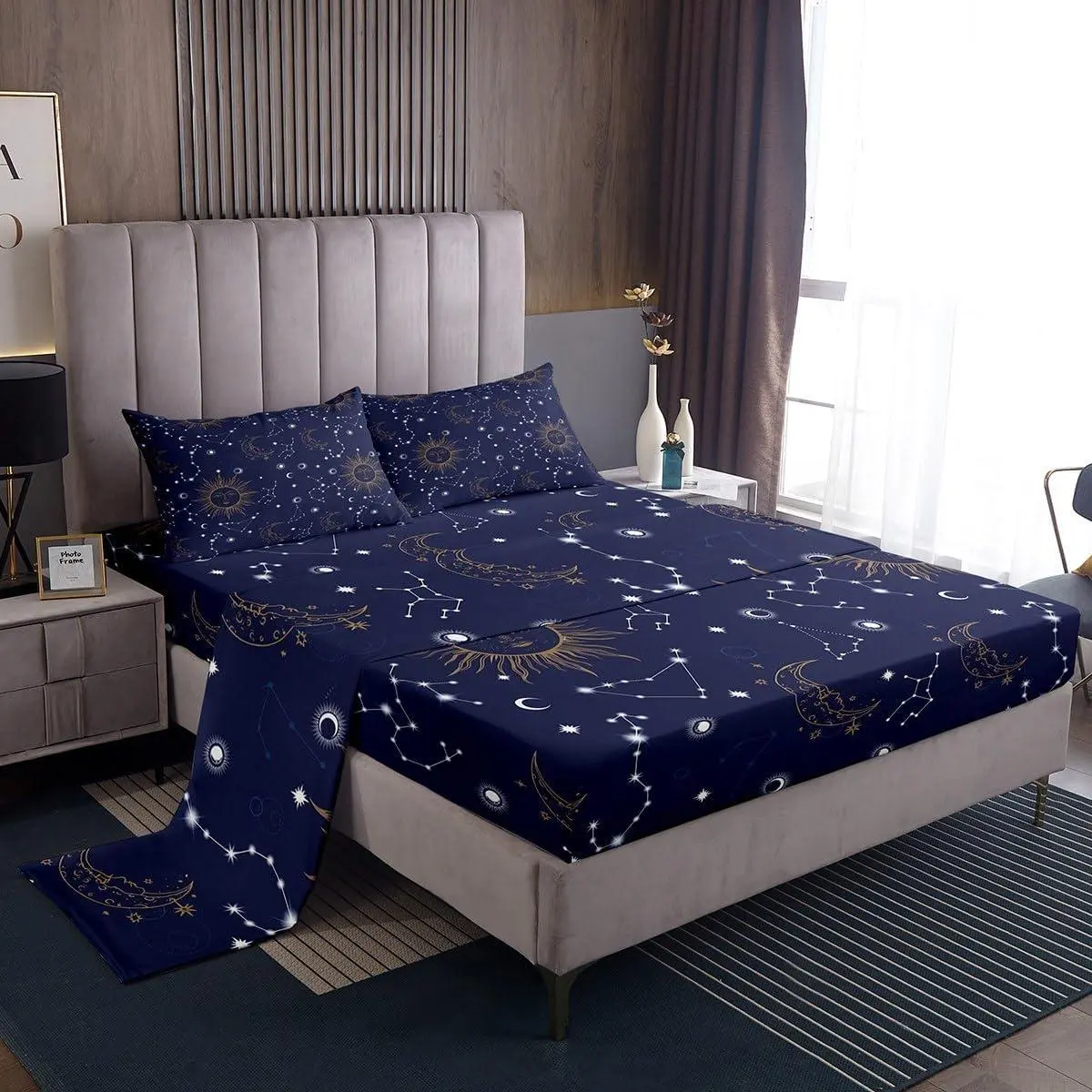 Golden Sun Moon Bed Sheet Setstars Planets Bedding Decor Set with 1 Flat&1 Fitted Sheet,Navy Blue Universe Bedding Set for Kids Boys Xmas Gift