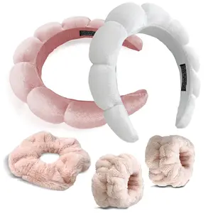 Spa Headband for Washing Face Wristband Scrunchie Set, 2PCS Makeup Skincare Bubble Facial Headband 2PCS Absorbent Wrist Spa Washband and 1PCS Shower Scrunchie Comb (Pink & White)