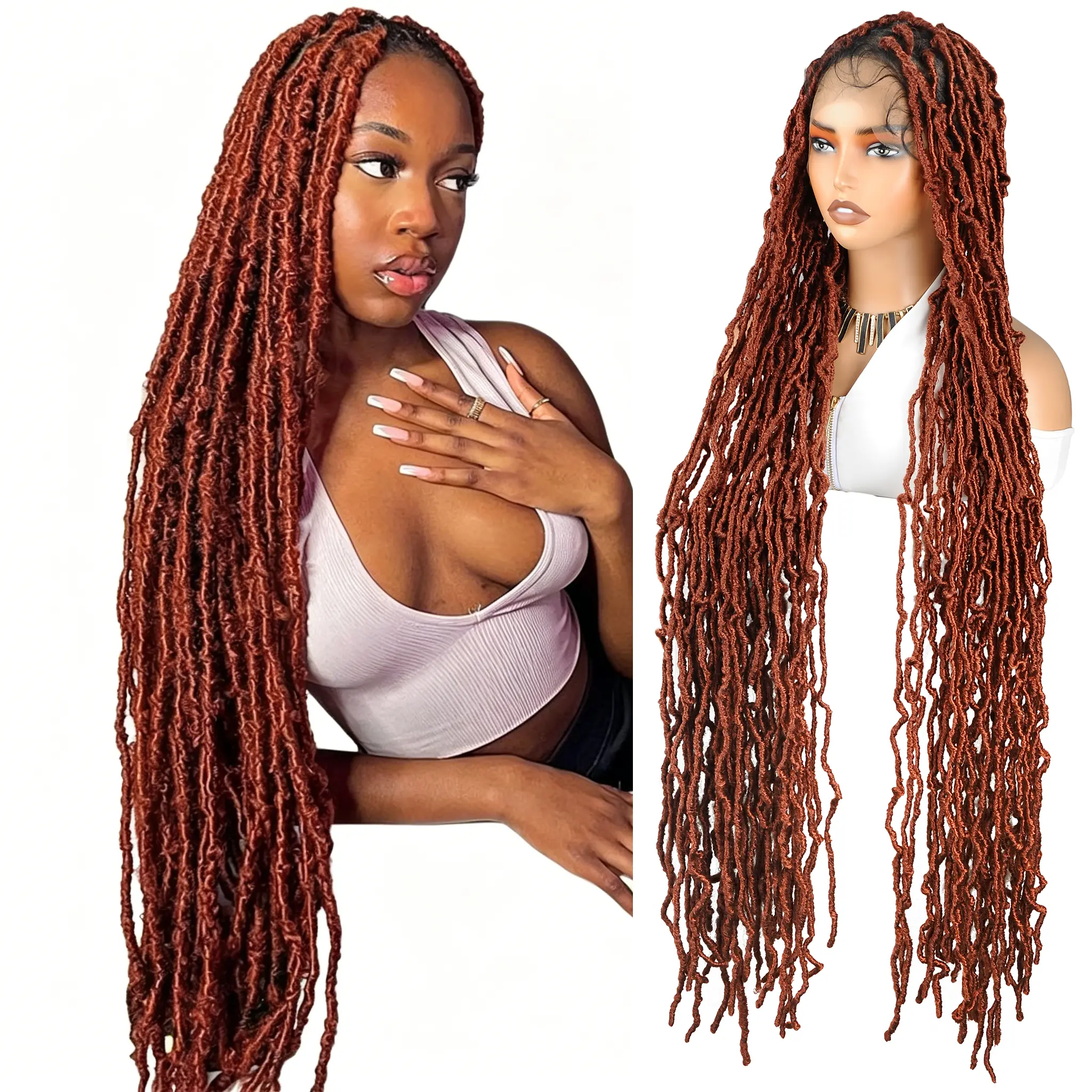 40Inch Synthetic Full Lace Knotless Box Braided Wigs for Black Women Senegalese Twist Long Boho Braided Wigs Faux Locs Brown Wig Ginger Orange Color Braided Wig