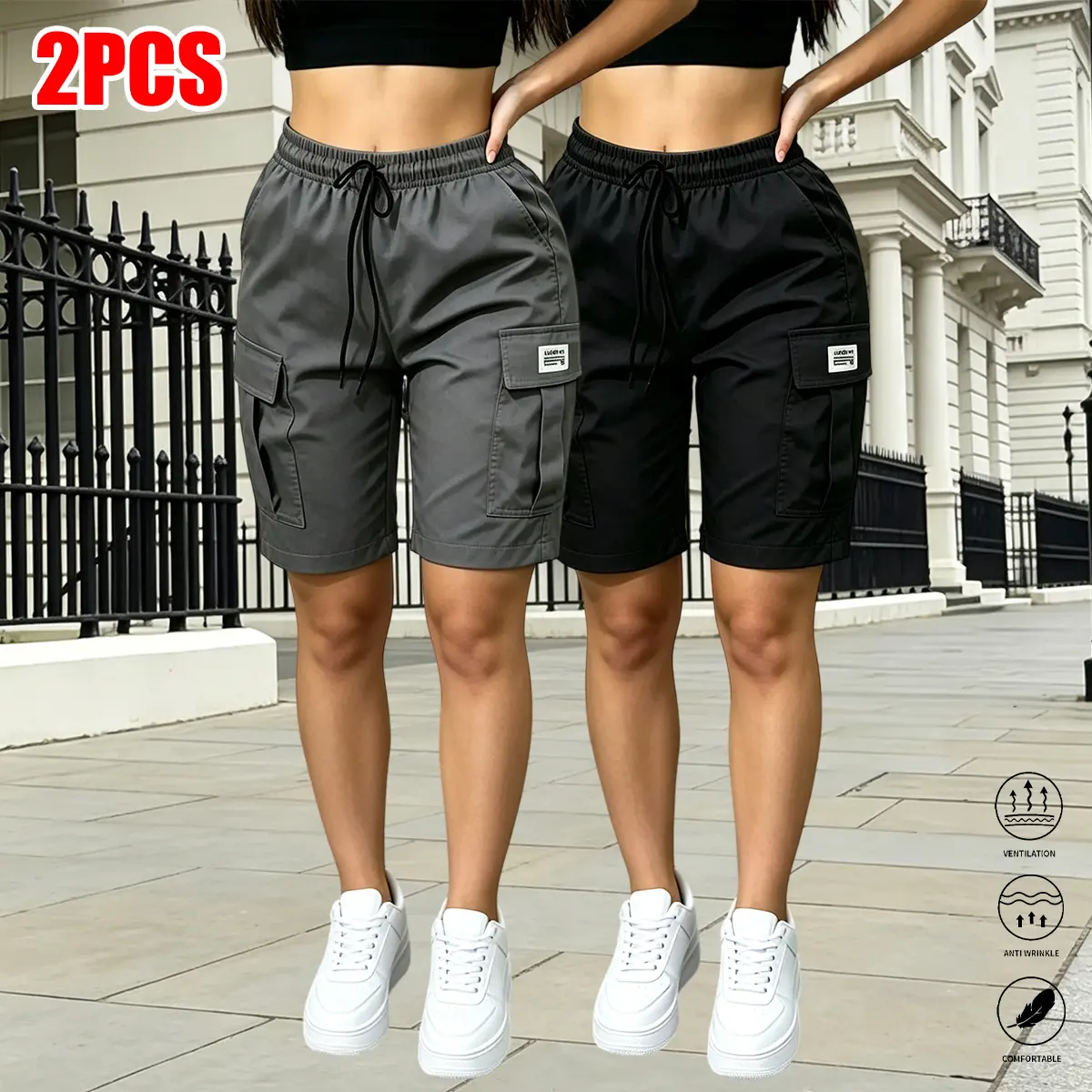 Two-piece set: American-style multi-pocket cargo shorts; women’s straight-leg wide-leg mid-length shorts—casual and versatile, comfortable to wear, suitable for spring and summer; machine washable; drawstring adjustable. Women’s shorts.