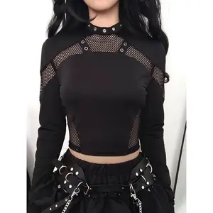 Women's solid color hollow out contrasting mesh crop top T-shirt, punk stand up collar long sleeved T-shirt, party vacation women's clothingRAIMENTRY