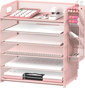 6 Tier Paper Organizer with 4 Pen Holders, Mesh Desk Organizer Letter Tray with Handle, Paper Tray Organizer File Organizer for A4 File Folder