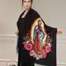 1pc Mother-Of-God Print Fringe Long Scarf, Soft Thick Imitation Cashmere, Elegant Wrap Design, Autumn Winter Streetwear Accessory