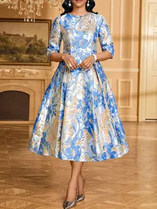 Women's Elegant Blue Printed Midi Dress, Half Sleeve Round Neck Vintage Style Party Gown, Formal Wedding Guest