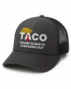 Funny Statement Trucker Hat - 'TACO: Trummpp Always Chickens Out' Embroidered Cap with Iconic Hair & Tie Design - Adjustable Mesh Back for Comfortable & Breathable Wear, Express Your Views