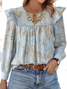 Chic Petal Light Blue Golden Floral Ruffle Blouse Boho Puff Sleeve Cottagecore Top for Women Soft Crinkle Fabric Spring Shirts