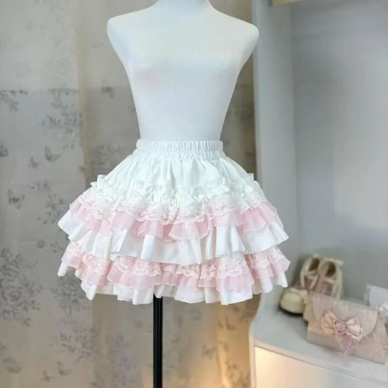 Sweet Kawaii Lolita Style Princess Vintage Cake Skirt Women Cute Lace Ruffles Party Mini Skirts Harajuku Faldas Mujer